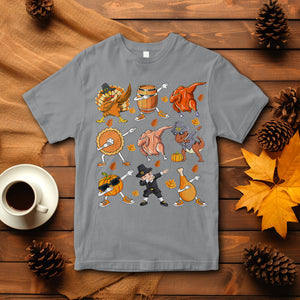 Dabbing Turkey T Rex Pilgrim Pumpkin Pie Funny Thanksgiving T Shirt TS09 Sport Gray Printyourwear