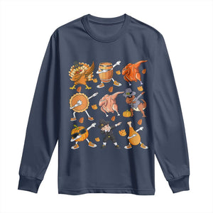 Funny Thanksgiving Long Sleeve Shirt Dabbing Turkey T Rex Pilgrim Pumpkin Pie TS09 Navy Print Your Wear