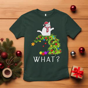 What? Cat Pushing Christmas Tree Xmas Mischievous Cat Lover T Shirt TS09 Dark Forest Green Printyourwear