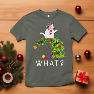 What? Cat Pushing Christmas Tree Xmas Mischievous Cat Lover T Shirt TS09 Military Green Printyourwear