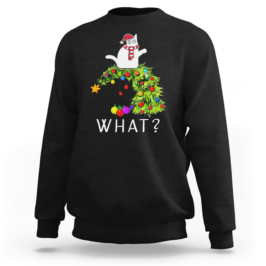 What? Cat Pushing Christmas Tree Xmas Mischievous Cat Lover Sweatshirt TS09 Black Printyourwear