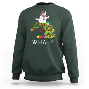 What? Cat Pushing Christmas Tree Xmas Mischievous Cat Lover Sweatshirt TS09 Dark Forest Green Printyourwear