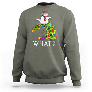 What? Cat Pushing Christmas Tree Xmas Mischievous Cat Lover Sweatshirt TS09 Military Green Printyourwear