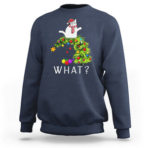 What? Cat Pushing Christmas Tree Xmas Mischievous Cat Lover Sweatshirt TS09 Navy Printyourwear