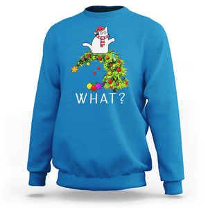 What? Cat Pushing Christmas Tree Xmas Mischievous Cat Lover Sweatshirt TS09 Sapphire Printyourwear