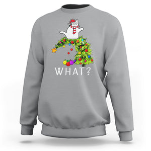 What? Cat Pushing Christmas Tree Xmas Mischievous Cat Lover Sweatshirt TS09 Sport Gray Printyourwear