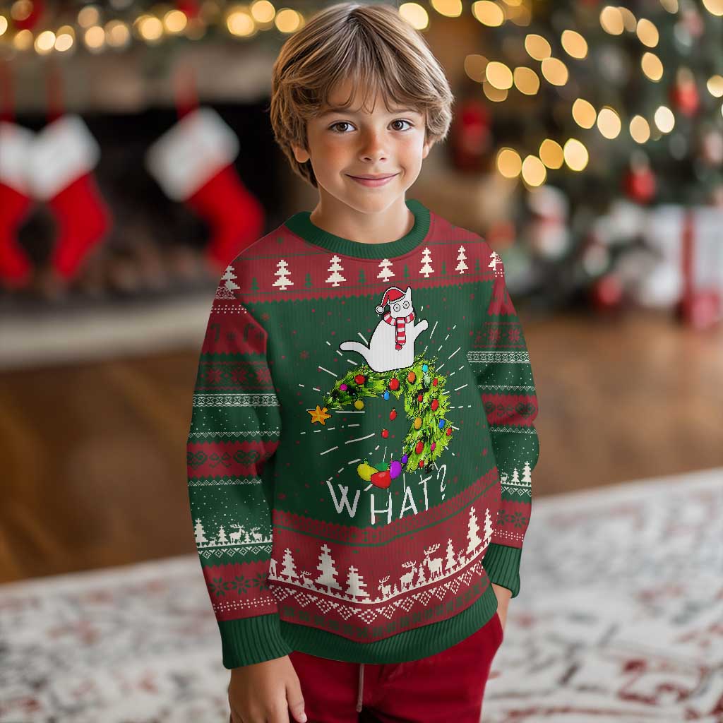 Funny Christmas Cat Ugly Christmas Sweater What? Mischievous Cat Pushing Christmas Tree TS09 Christmas Print Your Wear