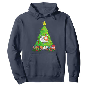 Funny Xmas Cat Hoodie What? Cat Pushing Christmas Tree Mischievous Cat Lover TS09 Navy Print Your Wear