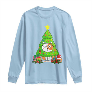 Funny Xmas Cat Long Sleeve Shirt What? Cat Pushing Christmas Tree Mischievous Cat Lover TS09 Light Blue Print Your Wear