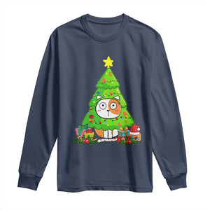 Funny Xmas Cat Long Sleeve Shirt What? Cat Pushing Christmas Tree Mischievous Cat Lover TS09 Navy Print Your Wear