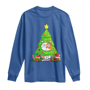 Funny Xmas Cat Long Sleeve Shirt What? Cat Pushing Christmas Tree Mischievous Cat Lover TS09 Royal Blue Print Your Wear