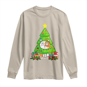 Funny Xmas Cat Long Sleeve Shirt What? Cat Pushing Christmas Tree Mischievous Cat Lover TS09 Sand Print Your Wear