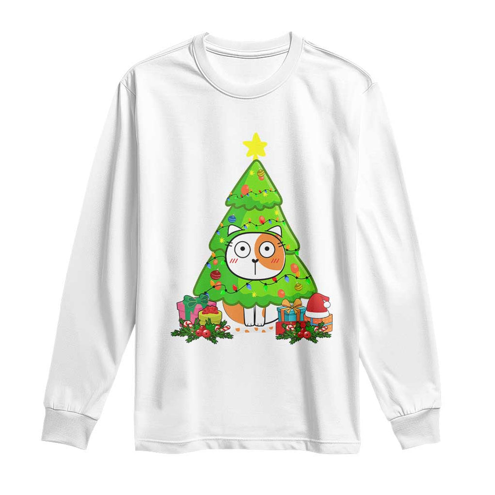 Funny Xmas Cat Long Sleeve Shirt What? Cat Pushing Christmas Tree Mischievous Cat Lover TS09 White Print Your Wear