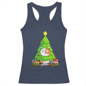 Funny Xmas Cat Racerback Tank Top What? Cat Pushing Christmas Tree Mischievous Cat Lover TS09 Navy Print Your Wear