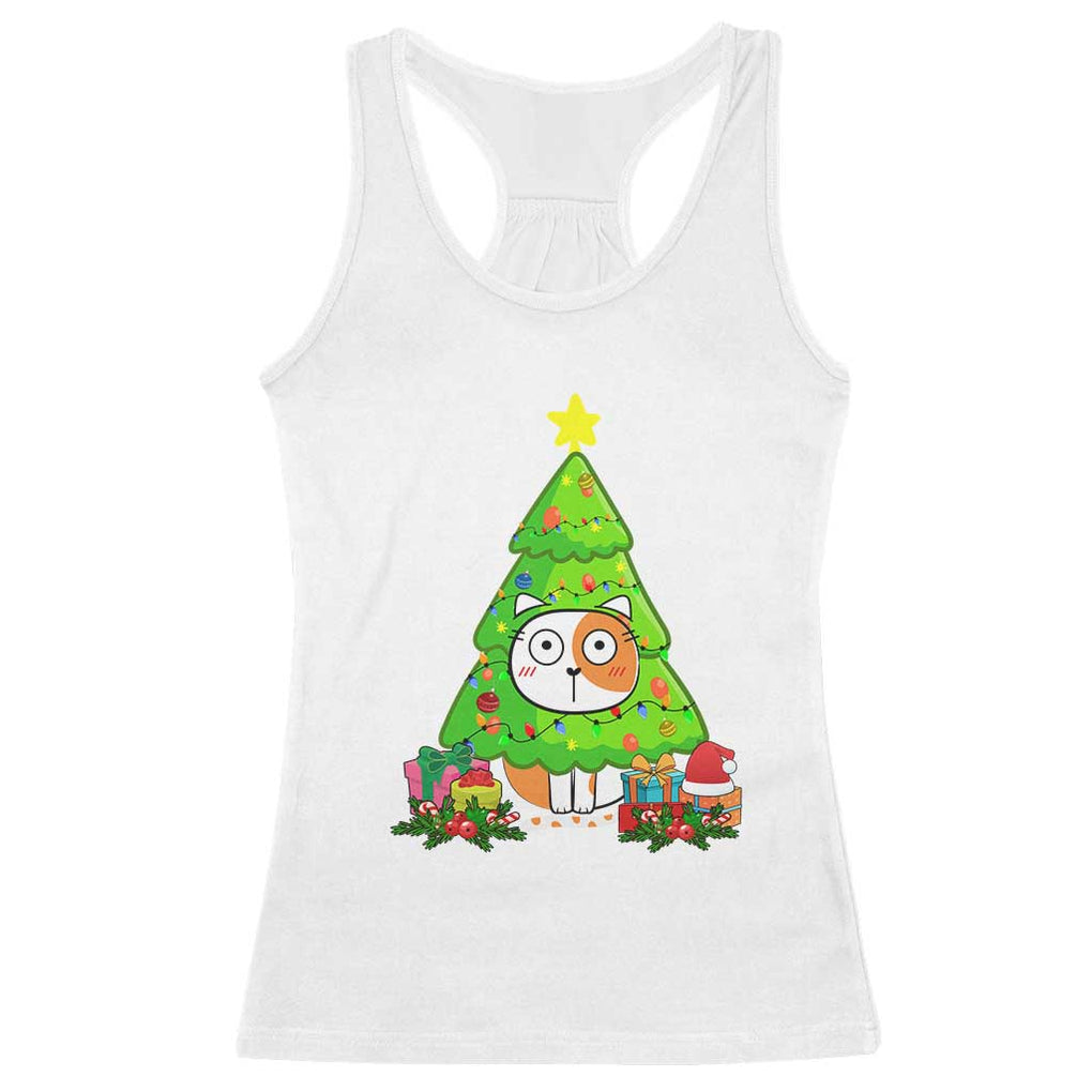 Funny Xmas Cat Racerback Tank Top What? Cat Pushing Christmas Tree Mischievous Cat Lover TS09 White Print Your Wear