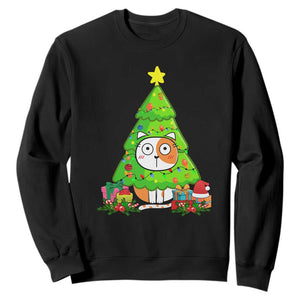 Funny Xmas Cat Sweatshirt What? Cat Pushing Christmas Tree Mischievous Cat Lover TS09 Black Print Your Wear