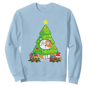 Funny Xmas Cat Sweatshirt What? Cat Pushing Christmas Tree Mischievous Cat Lover TS09 Light Blue Print Your Wear