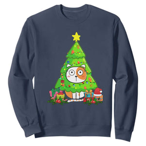 Funny Xmas Cat Sweatshirt What? Cat Pushing Christmas Tree Mischievous Cat Lover TS09 Navy Print Your Wear