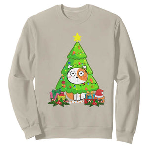 Funny Xmas Cat Sweatshirt What? Cat Pushing Christmas Tree Mischievous Cat Lover TS09 Sand Print Your Wear