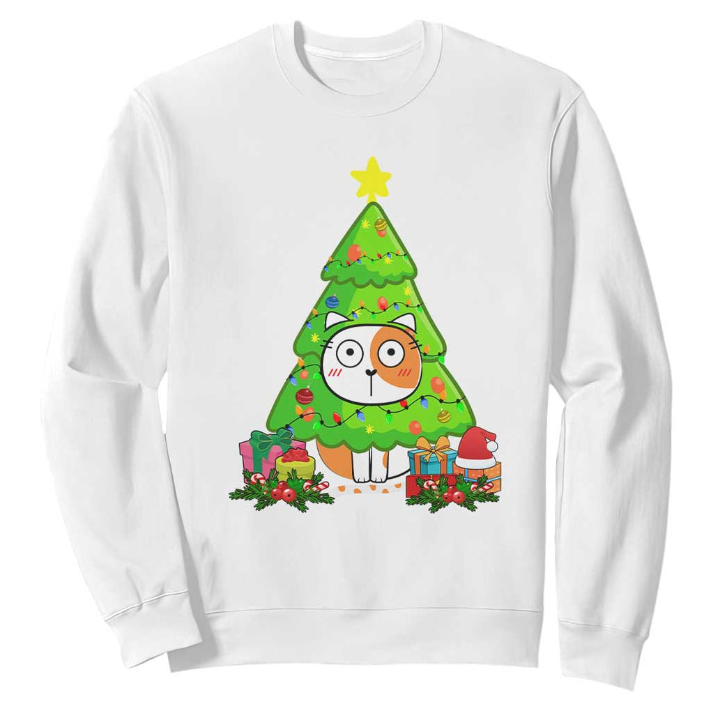 Funny Xmas Cat Sweatshirt What? Cat Pushing Christmas Tree Mischievous Cat Lover TS09 White Print Your Wear