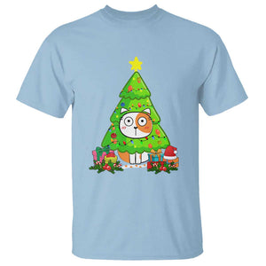 Funny Xmas Cat T Shirt What? Cat Pushing Christmas Tree Mischievous Cat Lover TS09 Light Blue Print Your Wear