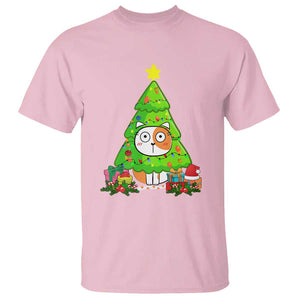 Funny Xmas Cat T Shirt What? Cat Pushing Christmas Tree Mischievous Cat Lover TS09 Light Pink Print Your Wear