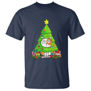 Funny Xmas Cat T Shirt What? Cat Pushing Christmas Tree Mischievous Cat Lover TS09 Navy Print Your Wear