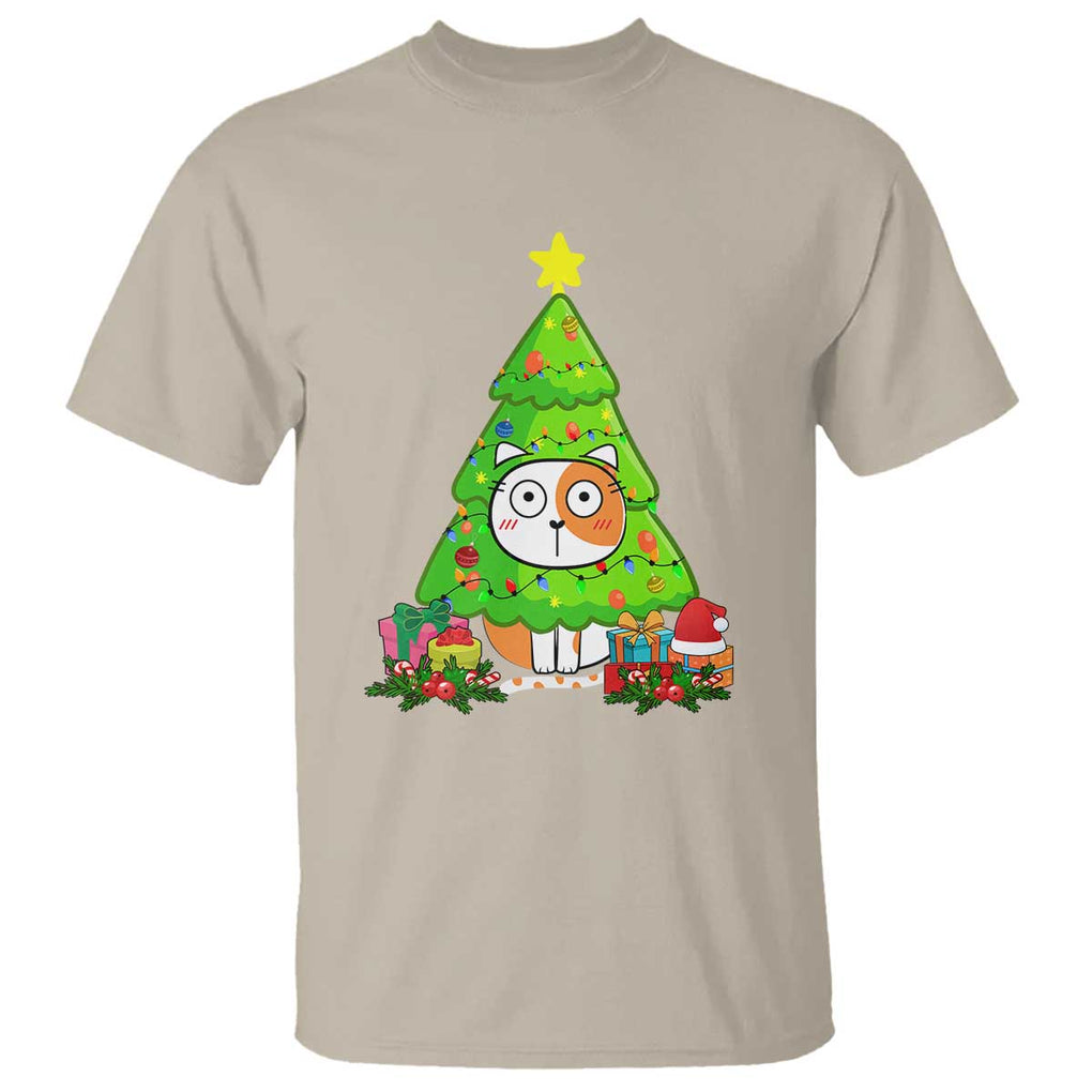 Funny Xmas Cat T Shirt What? Cat Pushing Christmas Tree Mischievous Cat Lover TS09 Sand Print Your Wear