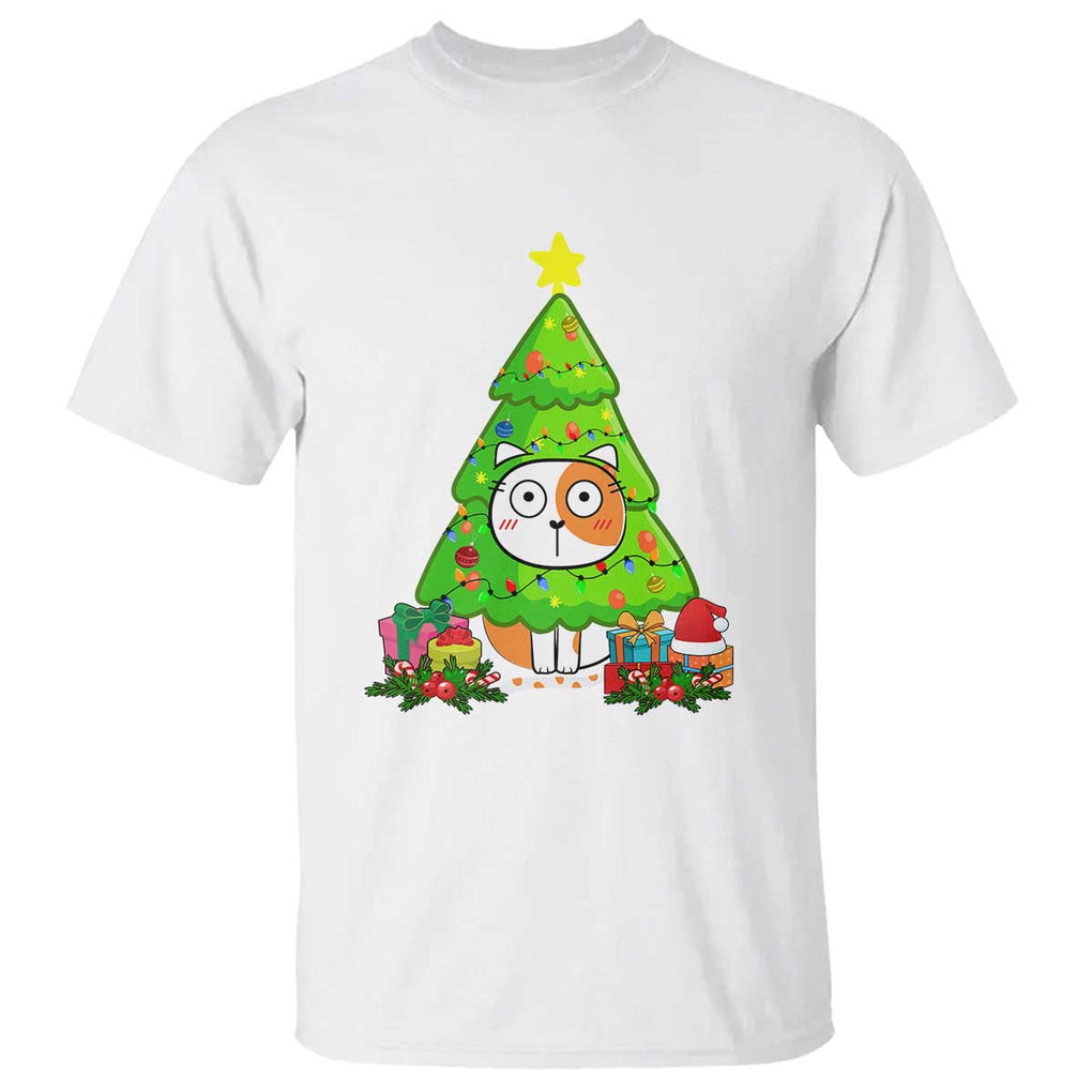 Funny Xmas Cat T Shirt What? Cat Pushing Christmas Tree Mischievous Cat Lover TS09 White Print Your Wear