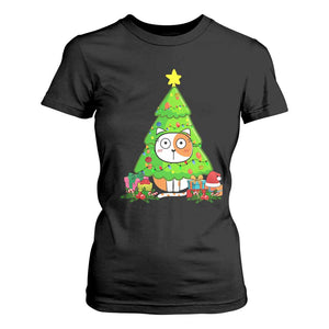 Funny Xmas Cat T Shirt For Women What? Cat Pushing Christmas Tree Mischievous Cat Lover TS09 Black Print Your Wear