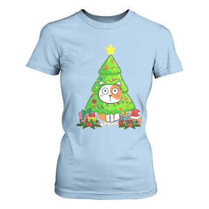 Funny Xmas Cat T Shirt For Women What? Cat Pushing Christmas Tree Mischievous Cat Lover TS09 Light Blue Print Your Wear