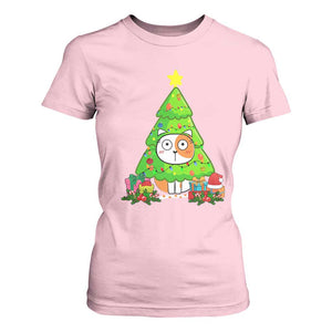 Funny Xmas Cat T Shirt For Women What? Cat Pushing Christmas Tree Mischievous Cat Lover TS09 Light Pink Print Your Wear