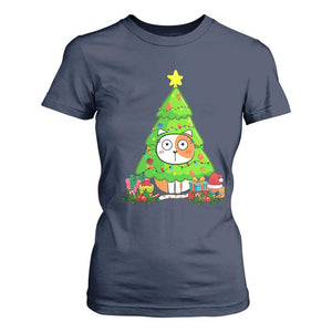 Funny Xmas Cat T Shirt For Women What? Cat Pushing Christmas Tree Mischievous Cat Lover TS09 Navy Print Your Wear