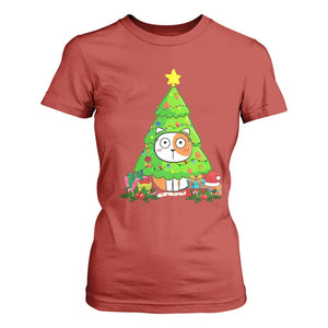 Funny Xmas Cat T Shirt For Women What? Cat Pushing Christmas Tree Mischievous Cat Lover TS09 Red Print Your Wear