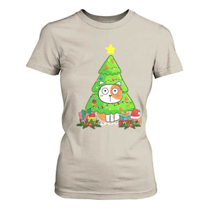 Funny Xmas Cat T Shirt For Women What? Cat Pushing Christmas Tree Mischievous Cat Lover TS09 Sand Print Your Wear