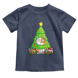 Funny Xmas Cat Toddler T Shirt What? Cat Pushing Christmas Tree Mischievous Cat Lover TS09 Navy Print Your Wear