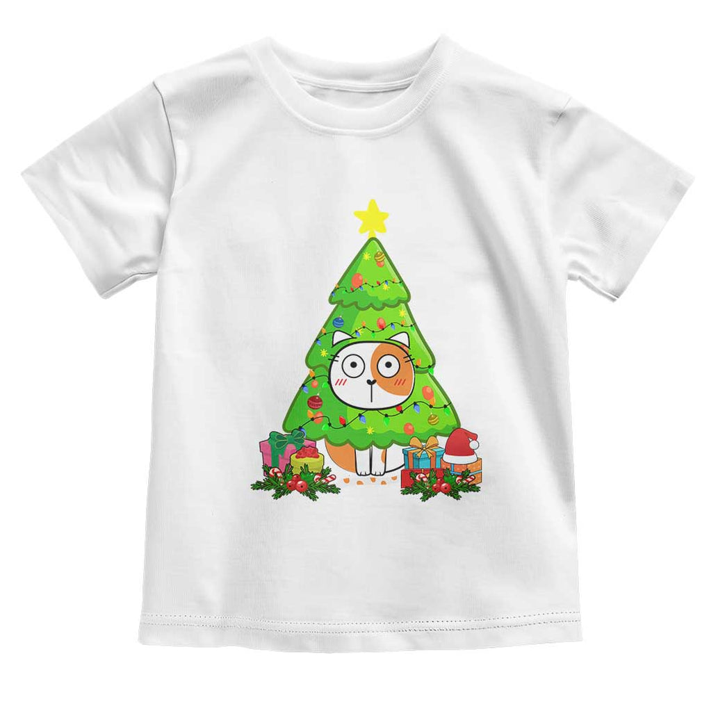 Funny Xmas Cat Toddler T Shirt What? Cat Pushing Christmas Tree Mischievous Cat Lover TS09 White Print Your Wear