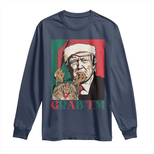 Funny Christmas Trump Long Sleeve Shirt Grab 'em Trump Hug Reindeer Cat TS09 Navy Print Your Wear