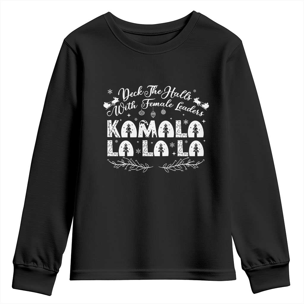 Funny Christmas Kamala Youth Sweatshirt Deck The Halls With Female Leaders Madam President TS09 Black Print Your Wear