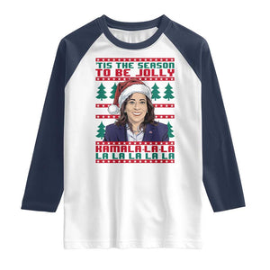 Funny Christmas Kamala Raglan Shirt Tis The Season To Be Jolly Kamala La La TS09 White Navy Print Your Wear