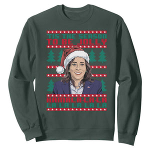 Funny Christmas Kamala Sweatshirt Tis The Season To Be Jolly Kamala La La TS09 Dark Forest Green Print Your Wear