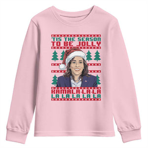 Funny Christmas Kamala Youth Sweatshirt Tis The Season To Be Jolly Kamala La La TS09 Light Pink Print Your Wear