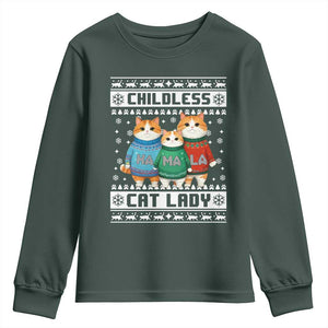 Christmas Childless Cat Lady Youth Sweatshirt Cute Cats Cat Mom Meowy Xmas Kamala 2024 TS09 Dark Forest Green Print Your Wear