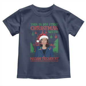 Xmas Kamala 2024 Baby Shirt This Is My First Christmas With Madam President TS09 Navy Print Your Wear