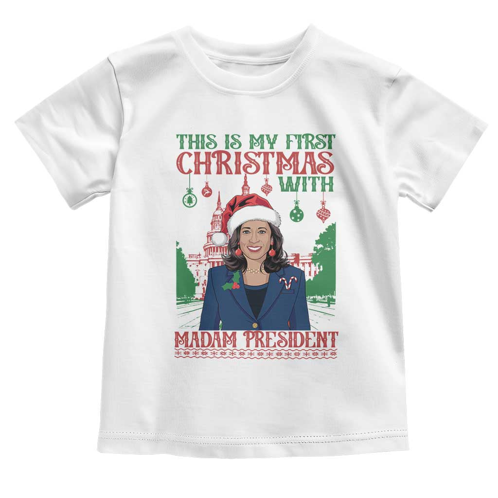 Xmas Kamala 2024 Baby Shirt This Is My First Christmas With Madam President TS09 White Print Your Wear