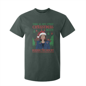 Xmas Kamala 2024 T Shirt For Kid This Is My First Christmas With Madam President TS09 Dark Forest Green Print Your Wear