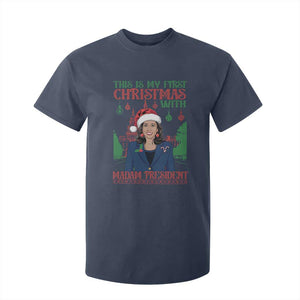 Xmas Kamala 2024 T Shirt For Kid This Is My First Christmas With Madam President TS09 Navy Print Your Wear