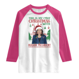 Xmas Kamala 2024 Raglan Shirt This Is My First Christmas With Madam President TS09 White Heliconia Print Your Wear