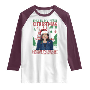 Xmas Kamala 2024 Raglan Shirt This Is My First Christmas With Madam President TS09 White Maroon Print Your Wear