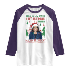 Xmas Kamala 2024 Raglan Shirt This Is My First Christmas With Madam President TS09 White Purple Print Your Wear